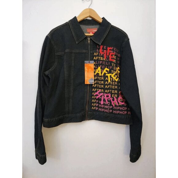 Women's Plus Size Black Denim 90's Hip Hop Stretch Graphic Jean Jacket Size 2X - Picture 1 of 5